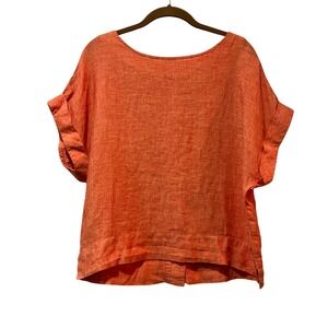 Finley Linen Top Women's Small Short Sleeve Button Back Orange Bright Resort